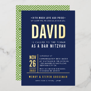 Invitation En Aluminium BAR MITZVAH moderne gras bloc type vert marine or