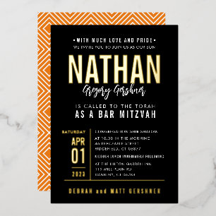 Invitation En Aluminium BAR MITZVAH moderne gras type de bloc noir orange