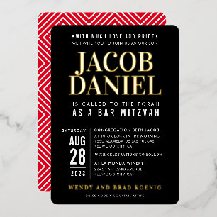 Invitation En Aluminium BAR MITZVAH moderne minimaliste garçon noir rouge