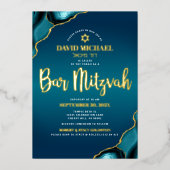 Invitation En Aluminium Bar Mitzvah Script Turquoise Ombre Agate Real Gold (Recto)
