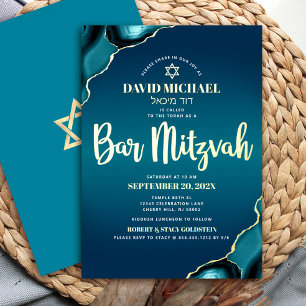 Invitation En Aluminium Bar Mitzvah Script Turquoise Ombre Agate Real Gold