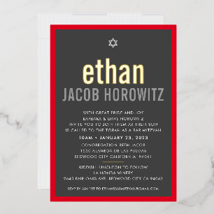 Invitation En Aluminium BAR MITZVAH simple étoile moderne nom gris rouge o