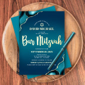 Invitation En Aluminium Bar Mitzvah Turquoise Ombre Agate Script Real Gold