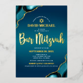 Invitation En Aluminium Bar Mitzvah Turquoise Ombre Agate Script Real Gold (Recto)