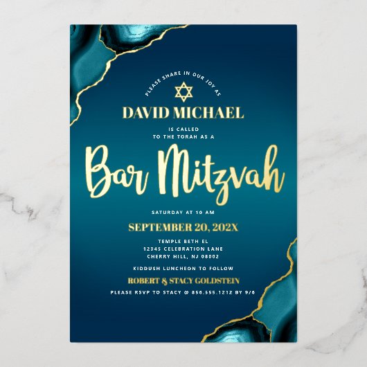 Invitation En Aluminium Bar Mitzvah Turquoise Ombre Agate Script Real Gold (Recto)