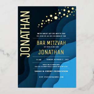 Invitation En Aluminium Bar Mitzvah Vagues Navy Modernes Feuille d'OR Réel