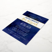 Invitation En Aluminium BAR MODERNE MITZVAH bleu foncé faux or hébreu (Rotation)
