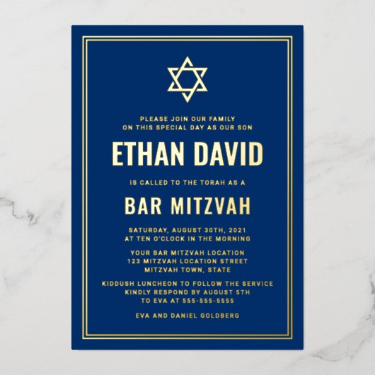 Invitation En Aluminium Barre bleu foncé mitzvah étoile de David or ou arg (Recto)