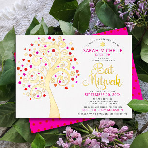 Invitation En Aluminium Bât Mitzvah Arbre de Vie Rose Script Or Réel