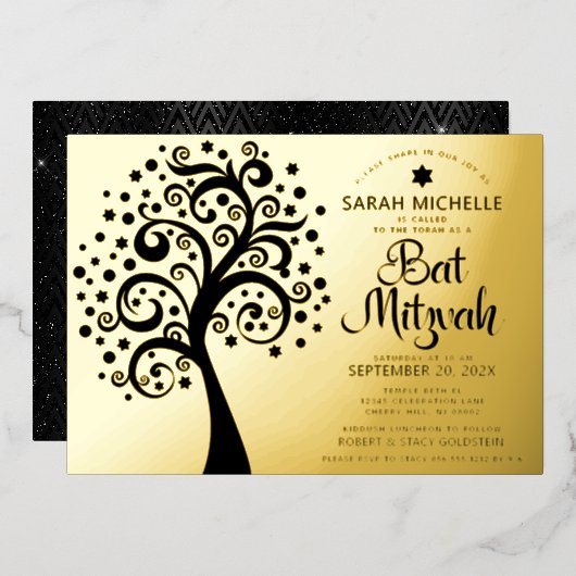 Invitation En Aluminium Bat mitzvah Arbre noir de vie Script Véritable or (Recto/Verso)