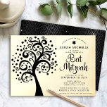 Invitation En Aluminium Bat mitzvah Arbre noir de vie Script Véritable or<br><div class="desc">Soyez fier, réjouissez-vous et présentez cette étape importante de votre Bat mitzvah préféré ! Cet arbre de vie graphique, noir avec l'étoile brillante de David et "feuilles" de point avec script de calligraphie noir sur un arrière - plan sophistiqué, véritable feuille d'or, est l'invitation parfaite pour cette occasion spéciale. Une...</div>
