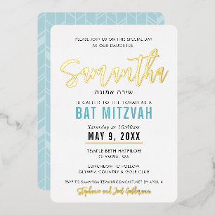 Invitation En Aluminium BAT MITZVAH bleu turquoise or calligraphie script