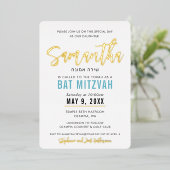 Invitation En Aluminium BAT MITZVAH bleu turquoise or calligraphie script (Debout devant)