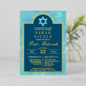 Invitation En Aluminium Bat mitzvah Blue Opal Star De David Glam Gold (Debout devant)