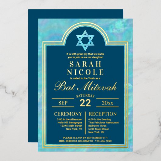 Invitation En Aluminium Bat mitzvah Blue Opal Star De David Glam Gold (Recto/Verso)