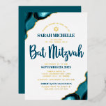 Invitation En Aluminium Bat mitzvah Bold Turquoise Agate Script Real Gold<br><div class="desc">Soyez fier, réjouissez-vous et présentez cette étape importante de votre Bat mitzvah préféré ! Envoyez cette invitation cool, unique, moderne, personnalisée en feuille d'or réelle pour un événement à retenir. Typographie de script bleu foncé, véritable feuille d'or sans serif typographie, et un vrai feuille d'or Star of David superposent un...</div>