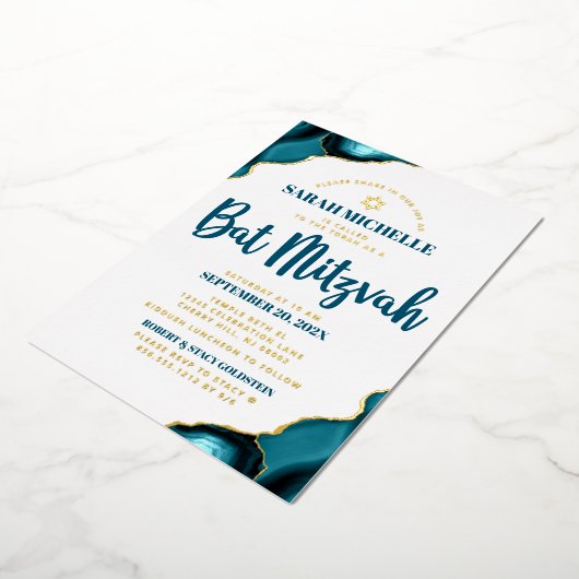 Invitation En Aluminium Bat mitzvah Bold Turquoise Agate Script Real Gold (Rotation)