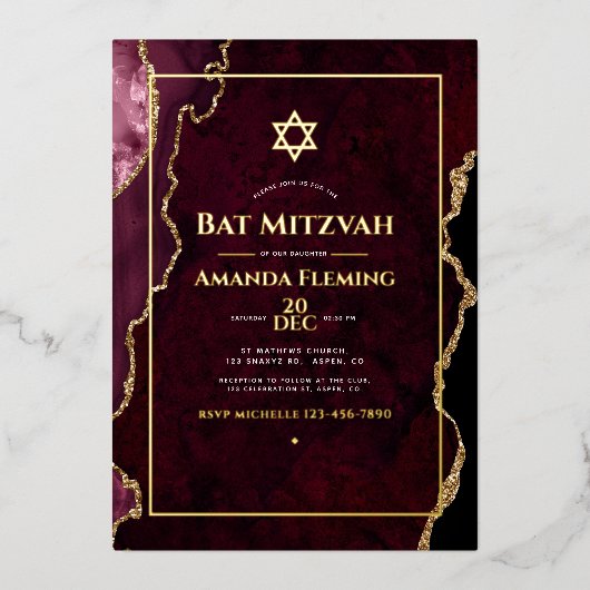 Invitation En Aluminium Bat mitzvah d'agate de Bourgogne et de Gold Faux (Recto)