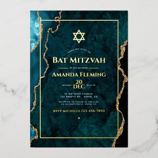Invitation En Aluminium Bat mitzvah d'agate turquoise et Gold Faux (Recto)