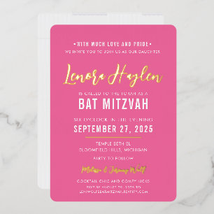 Invitation En Aluminium BAT MITZVAH écriture moderne rose doré joli