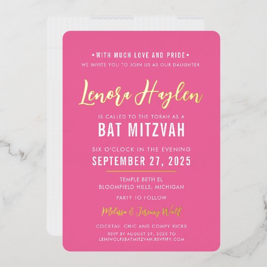 Invitation En Aluminium BAT MITZVAH écriture moderne rose doré joli (Enveloppe)
