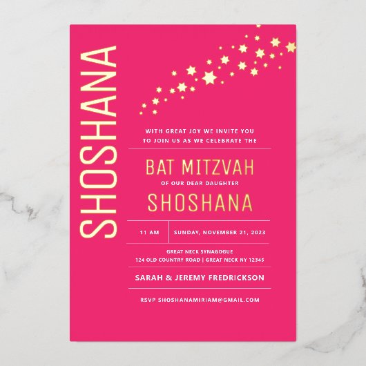 Invitation En Aluminium Bat mitzvah Élégant VÉRITABLE OR moderne Invitati (Recto)