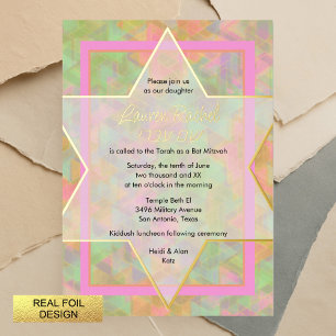 Invitation En Aluminium Bat Mitzvah Étoile de David verte et rose motif
