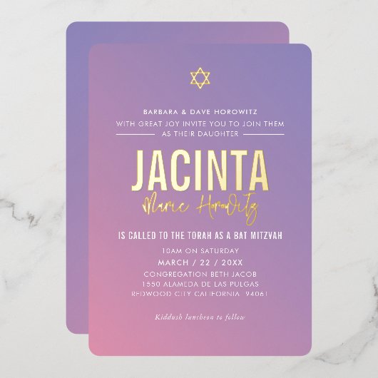 Invitation En Aluminium BAT MITZVAH étoile moderne dégradé violet rose (Recto/Verso)