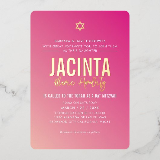 Invitation En Aluminium BAT MITZVAH étoile moderne rose vif dégradé or (Recto)