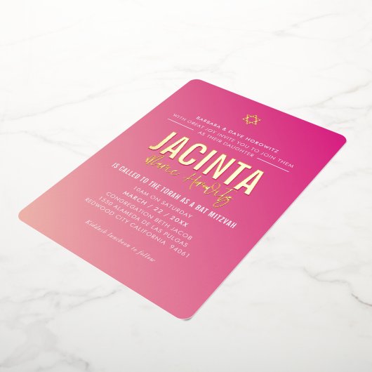 Invitation En Aluminium BAT MITZVAH étoile moderne rose vif dégradé or (Rotation)