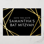 Invitation En Aluminium Bat mitzvah géométrique en or noir Enregistrer la<br><div class="desc">VRAI Bat mitzvah de feuille Enregistrer la carte de date avec Carrés de chevauchement géométrique moderne en or,  argent ou Rose or rose Foil sur arrière - plan noir et blanc avec votre photo personnalisée au dos.</div>