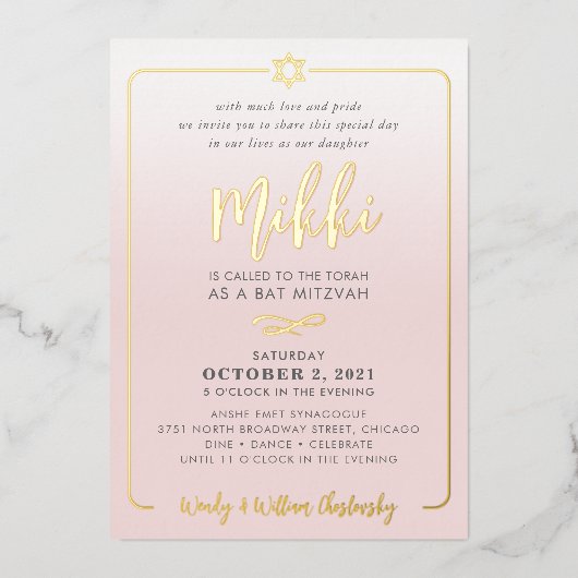 Invitation En Aluminium BAT MITZVAH joli script rose pâle ombre or (Recto)