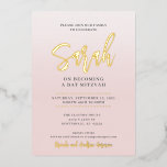 Invitation En Aluminium BAT MITZVAH moderne calligraphie blush or rose<br><div class="desc">par kat massard >>> WWW.SIMPLYSWEETPAPERIE.COM <<< A sweet Bar Mitzvah Invitation pour votre fille avec un grand nom de script en feuille dorée brillante ! J'aime le design, mais je voudrais voir quelques changements - un autre jeu de couleurs, un autre produit, ajouter une photo ou adapté pour une occasion...</div>