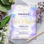 Invitation En Aluminium Bat mitzvah moderne couleur violet aquarelle or ré<br><div class="desc">Soyez fier, réjouissez-vous et présentez cette étape importante de votre Bat mitzvah préféré ! Envoyez cette feuille d'or étincelante, moderne et brillante, des points et un script de typographie contre un arrière - plan d'aquarelle mauve douce, invitation personnalisée pour un événement à se souvenir. Personnalisez le texte personnalisé avec le...</div>