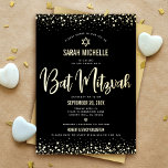 Invitation En Aluminium Bat mitzvah Moderne Gras Script Noir Vrai Or<br><div class="desc">Soyez fier, réjouissez-vous et présentez cette étape importante de votre Bat mitzvah préféré ! Envoyez cette invitation étonnante, moderne, sophistiquée, personnalisée pour un événement à retenir. Un script graphique de calligraphie en feuille d'or, bold type, Star of David, et confetti superposent un arrière - plan noir riche, dramatique. Une fausse...</div>