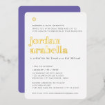 Invitation En Aluminium BAT MITZVAH moderne minimaliste élégant violet élé<br><div class="desc">par kat massard Invitation moderne avec "feuille or brillante" pour la célébration MITZVAH de votre enfant. Facile de mettre à jour le modèle vous-même Envoyez-moi un courriel pour les éléments correspondants et les jeux de couleurs alternatifs - kat@simplysweetpaperie.com</div>
