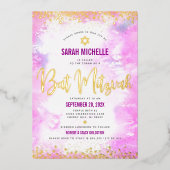 Invitation En Aluminium Bat mitzvah moderne rose aquarelle girly or réel (Recto)