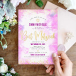 Invitation En Aluminium Bat mitzvah moderne rose aquarelle girly or réel<br><div class="desc">Soyez fier, réjouissez-vous et présentez cette étape importante de votre Bat mitzvah préféré ! Envoyez cette feuille d'or étincelante, moderne et brillante, des points et un script de typographie contre un arrière - plan d'aquarelle rose doux, invitation personnalisée pour un événement à se souvenir. Personnalisez le texte personnalisé avec le...</div>