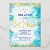 Invitation En Aluminium Bat mitzvah moderne turquoise aquarelle or réel (Recto)
