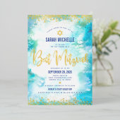 Invitation En Aluminium Bat mitzvah moderne turquoise aquarelle or réel (Debout devant)