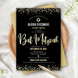 Invitation En Aluminium Bat mitzvah Noir Élégant Script Moderne Véritable<br><div class="desc">Soyez fier, réjouissez-vous et présentez cette étape importante de votre Bat mitzvah préféré ! Envoyez cette invitation de nom hébreu étonnante, moderne, sophistiquée, personnalisée pour un événement à retenir. Un véritable script graphique de calligraphie de feuille d'or, Star of David, et des points de confetti, superposent un arrière - plan...</div>