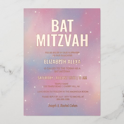Invitation En Aluminium Bat mitzvah or Rose Galaxy moderne (Recto)