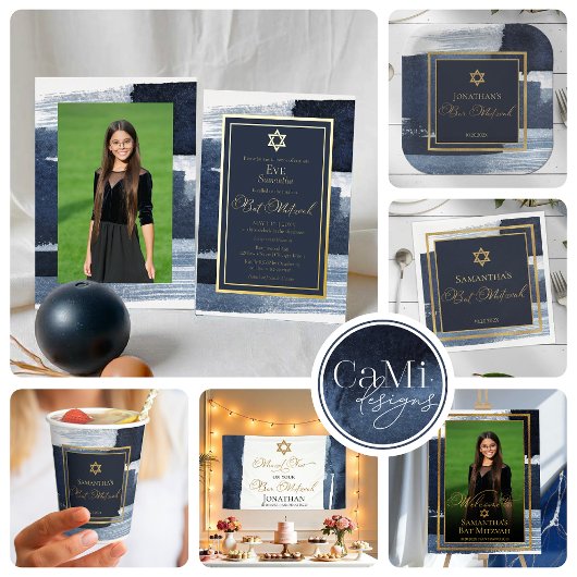 Invitation En Aluminium Bat mitzvah photo bleu Abstrait Enregistrer la dat