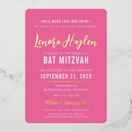 Invitation En Aluminium BAT MITZVAH script moderne joli or rose (Recto)