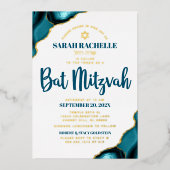 Invitation En Aluminium Bat mitzvah Turquoise Agate Bold Script Real Gold (Recto)