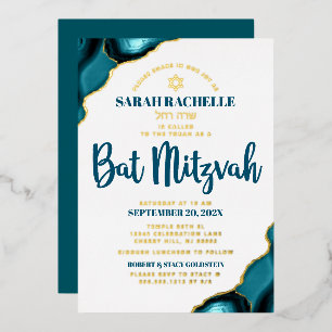 Invitation En Aluminium Bat Mitzvah Turquoise Agate Écriture Gras Or Vérit
