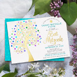 Invitation En Aluminium Bat mitzvah Turquoise Arbre ou Vie Script Véritabl<br><div class="desc">Soyez fier, réjouissez-vous et présentez cette étape importante de votre Bat mitzvah préféré ! Ce véritable arbre graphique en feuille d'or avec brillant turquoise, turquoise, violet et bleu étoile de David et point "feuilles" sur un arrière - plan blanc est l'invitation parfaite pour cette occasion spéciale. Une toute petite étoile...</div>
