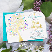Invitation En Aluminium Bat mitzvah Turquoise Arbre ou Vie Script Véritabl