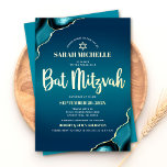 Invitation En Aluminium Bat mitzvah Turquoise Ombre Agate Script Real Gold<br><div class="desc">Soyez fier, réjouissez-vous et présentez cette étape importante de votre Bat mitzvah préféré ! Envoyer cette invitation cool, unique, moderne, personnalisée pour un événement à retenir. Véritable écriture de feuille d'or typographie, blanc sans serif typographie, et une véritable feuille d'or Star of David superpose un turquoise bleu foncé et bleu...</div>