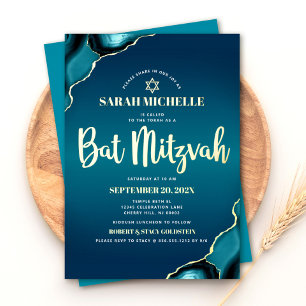 Invitation En Aluminium Bat mitzvah Turquoise Ombre Agate Script Real Gold